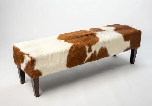 Brown and white cowhide bench stool NZ made