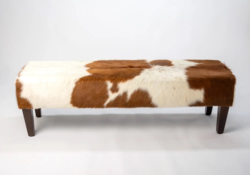 Brown and white cowhide bench stool NZ made