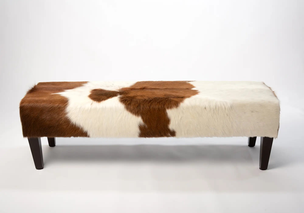 Brown and white cowhide bench stool NZ made