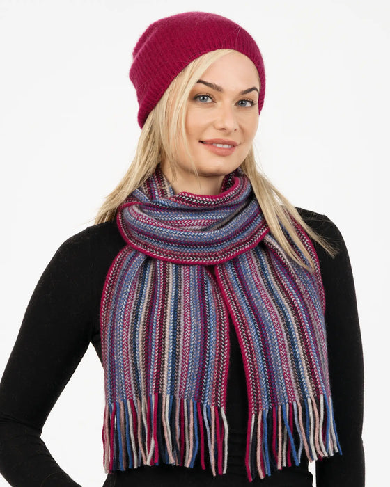 NX378 Striped possum merino wool scarf and beanie in Winterberry