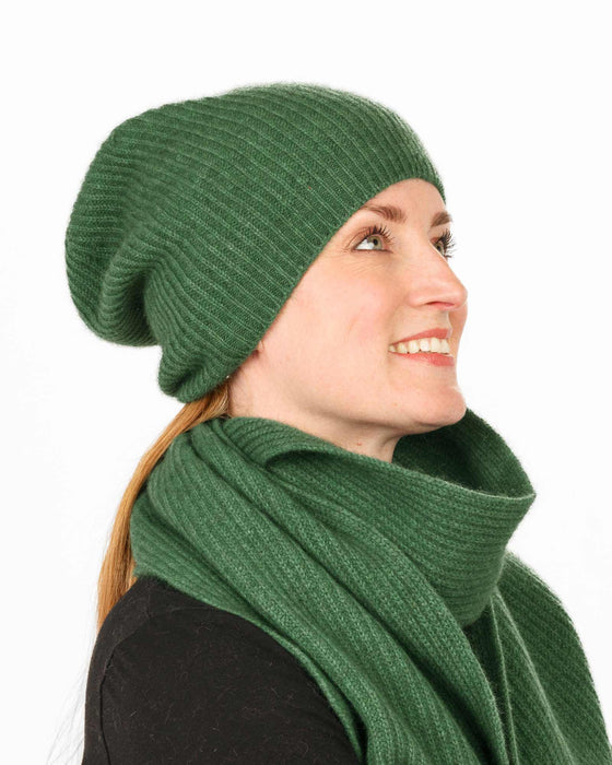 Deep sage green slouch beanie in possum merino wool NX677