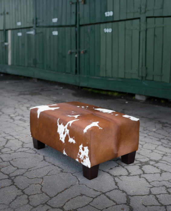 Cowhide Footstool with Low Wood Legs