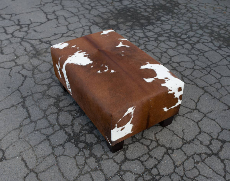 Brown Cowhide Footstool with Low Wood Legs
