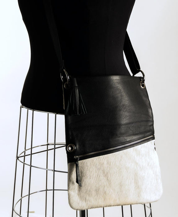 Pale grey cowhide shoulder bag open